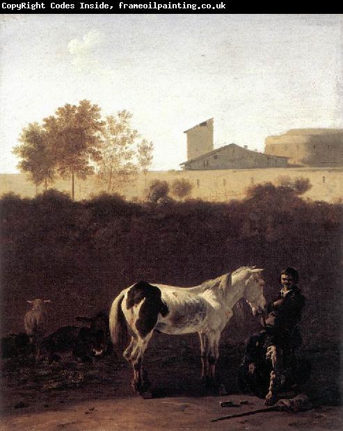 DUJARDIN, Karel Italian Landscape with Herdsman and a Piebald Horse sg